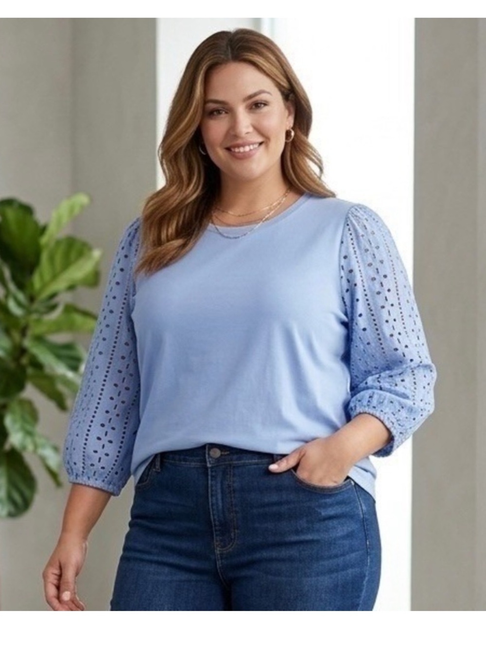 Chico’s Eyelet Lace Puff Sleeve Top periwinkle blue size 2 large